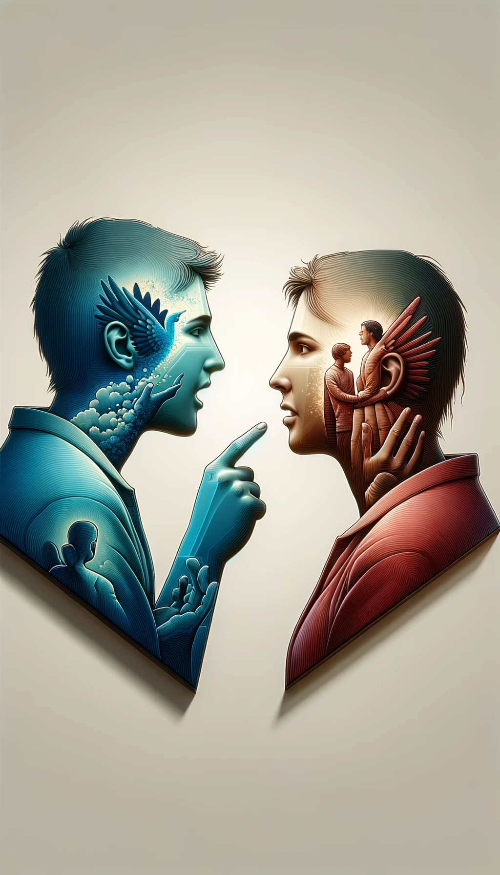 una persona parla e un altra persona di spalle lo ascolta, il significato dell'immagine è che dalle parole si capisce il valore della persona, immagine iperrealistica 4k, sfondo chiaro emoji