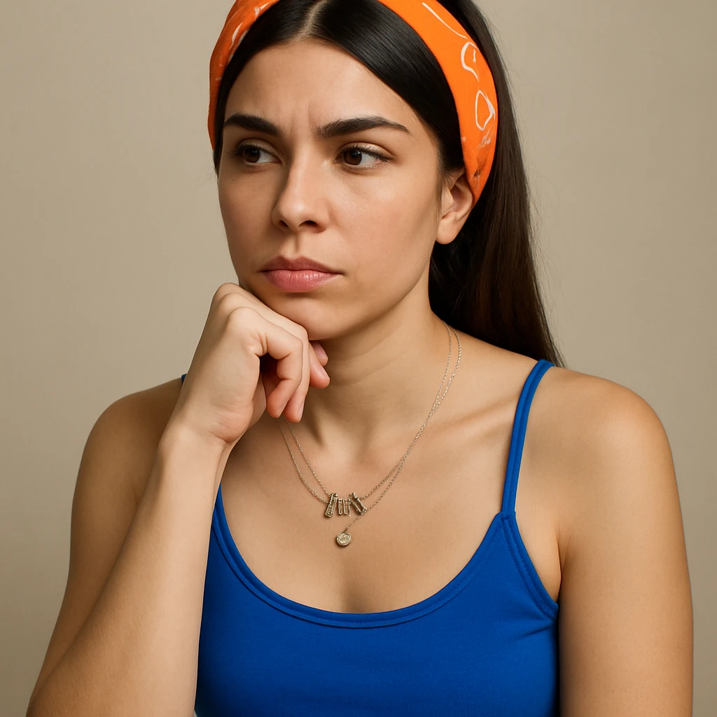 Create a hyperrealistic 4K image of a thoughtful woman, almost full figure, with her hand under her chin, inspired by the reference image. She has a reflective expression and a neutral background. This is variant 8 with a slightly changed torso tilt. emoji