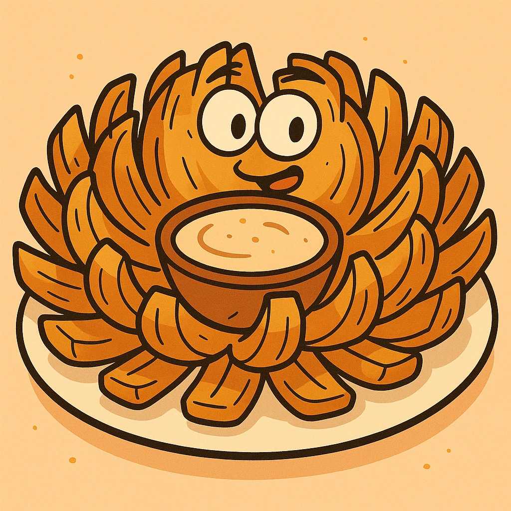 cartoon close-up of a blooming onion appetizer, golden fried petals fanned out on a plate, small bowl of creamy dipping sauce in the center, bright and fun emoji