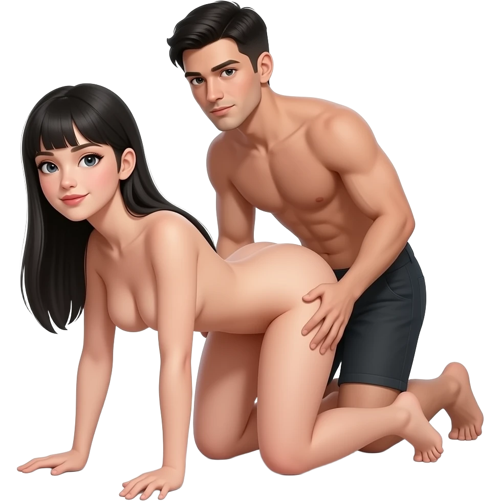 skinny young white woman with long straight black hair, fully nude, on all fours in doggy style, explicit penetration from behind by slim young man with lightly tanned skin, short straight black hair, average body, both naked, realistic, high resolution emoji