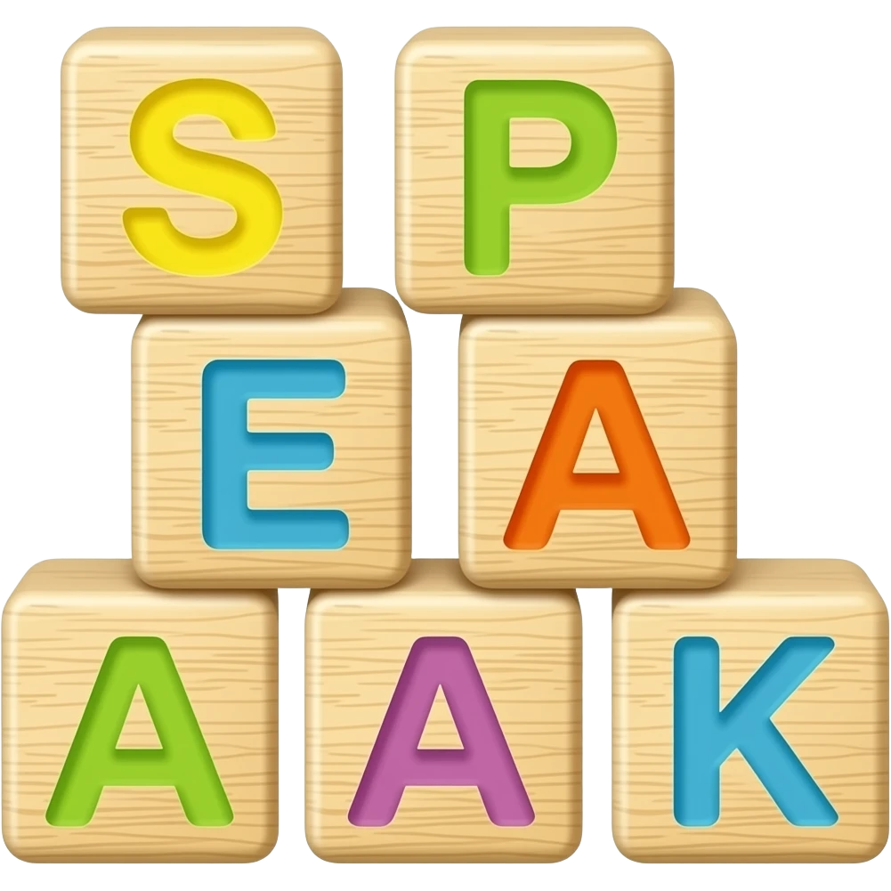 children's wooden blocks with letters, arranged to form a word SPEAK emoji