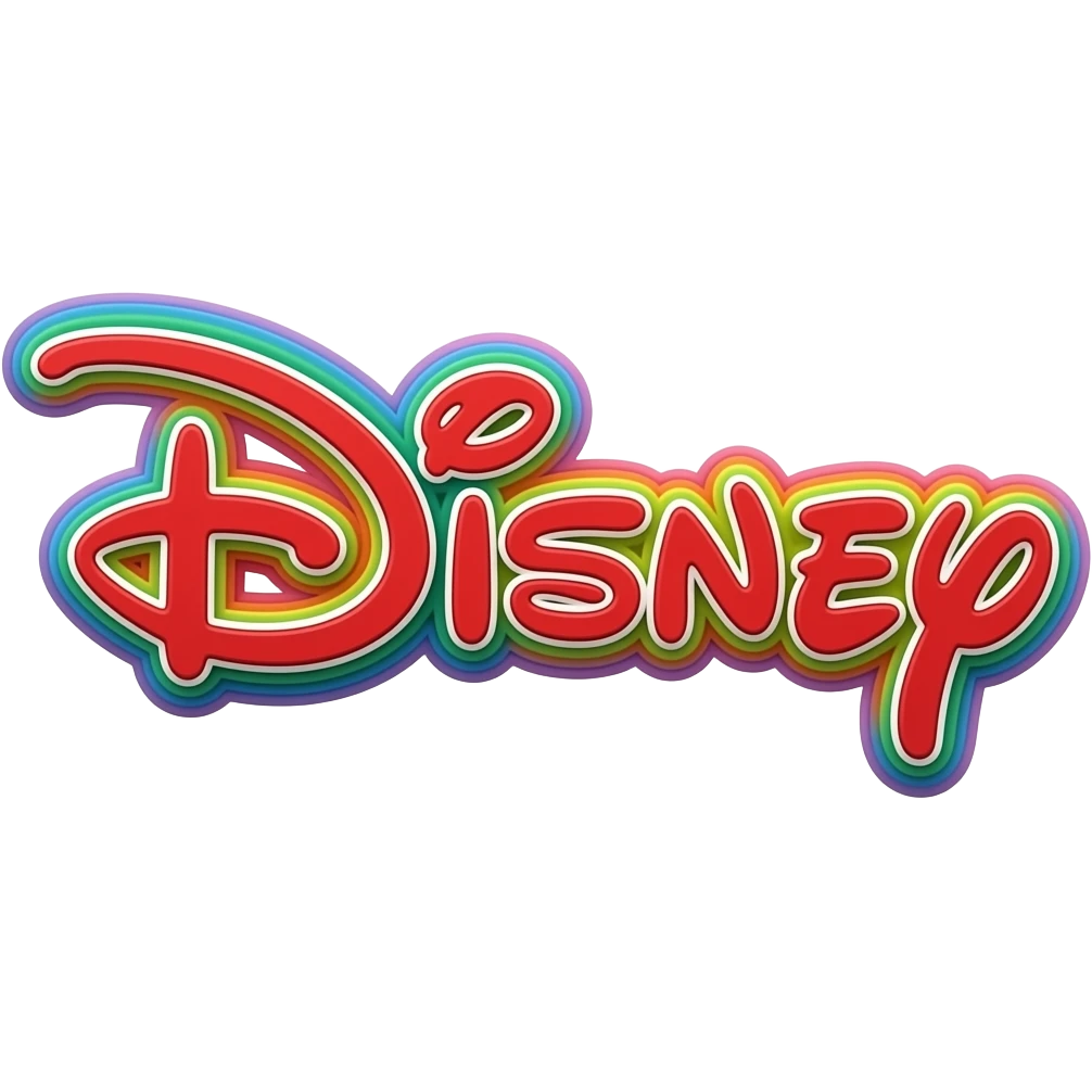 name "disney" in vivid red 3D style typography lettering, each color of the rainbow as a border outlined around each letter, isolated, 3d rendering, no emoji icons no emoji faces and must have no human figures emoji