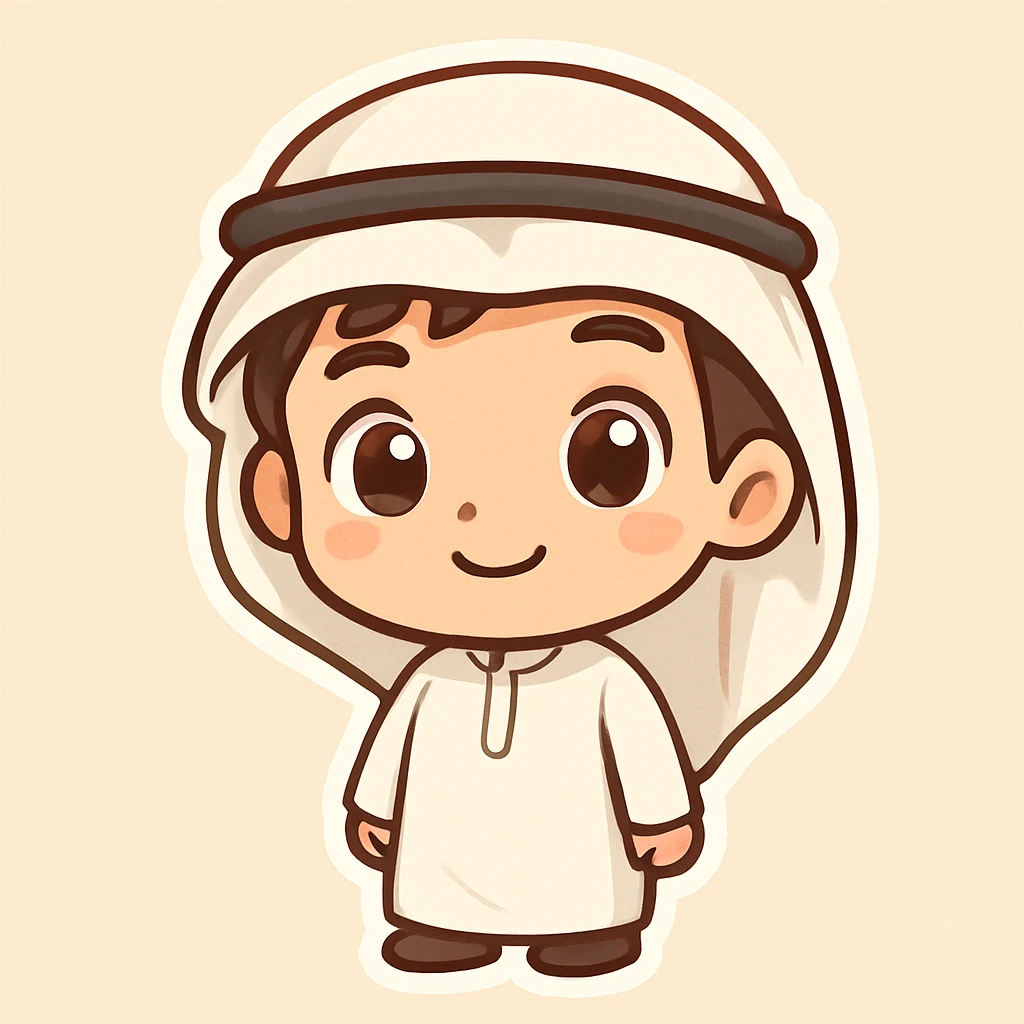 cute cartoon boy wearing a traditional Arab head covering, simple background, big eyes, friendly expression, chibi style emoji