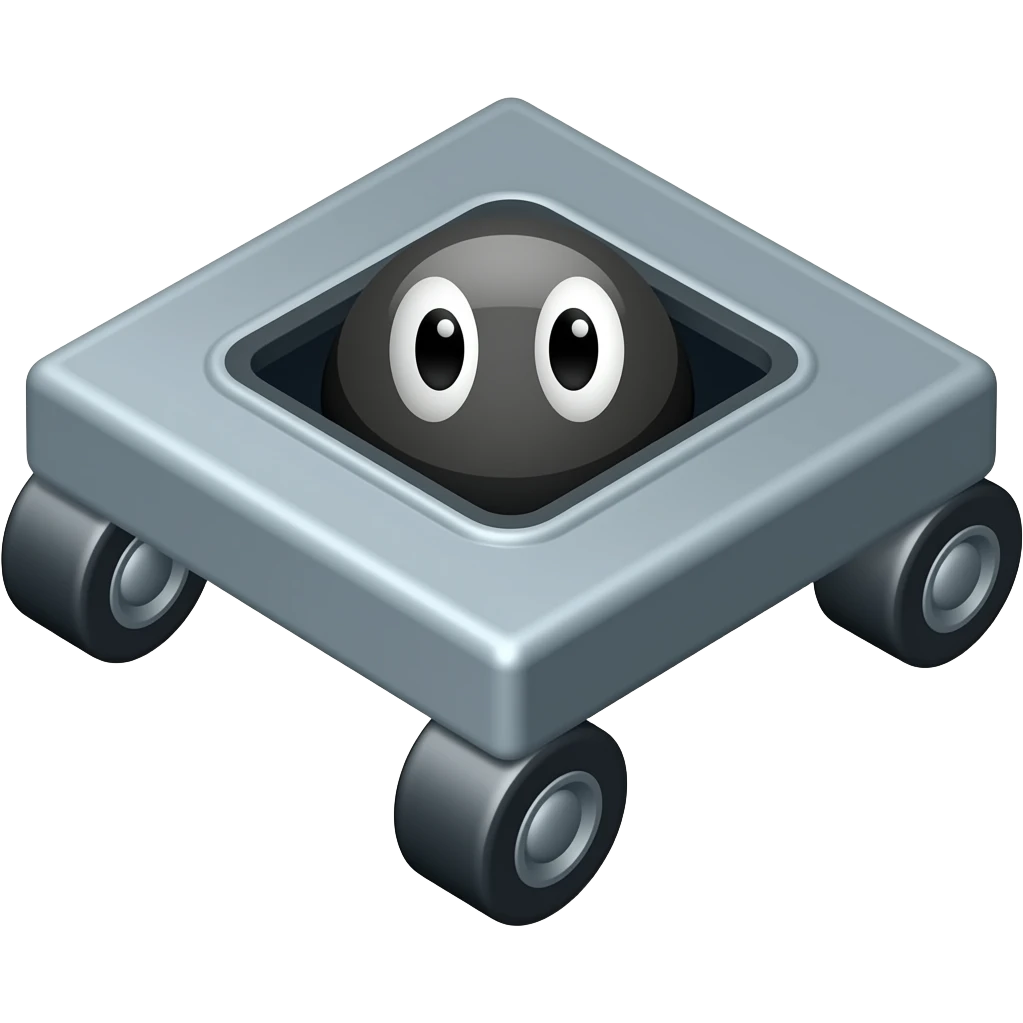 Grey square with 4 wheels and a display showing white eyes emoji