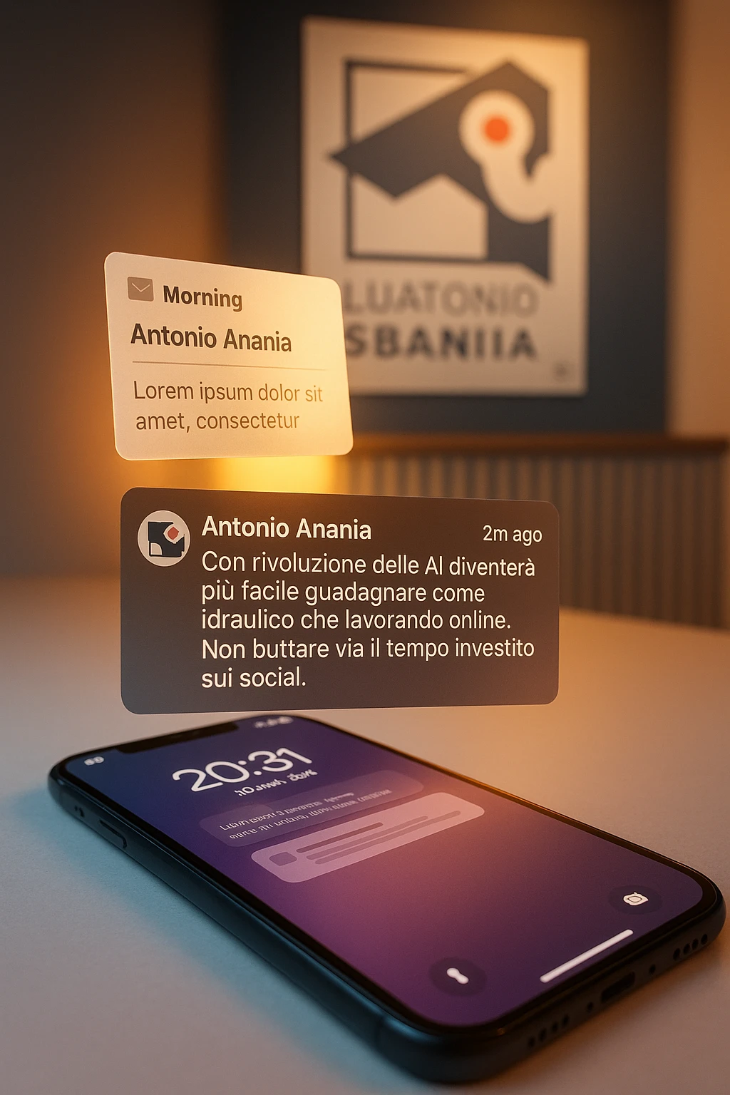 A photo of an iPhone with the message "Antonio Anania" on its screen, hovering over it is another document floating in mid-air, both surrounded by soft light and shadow. The phone sits atop a desk with a blurred background that suggests work environment. A faint glow from above casts gentle shadows across the surface of each object, creating depth and highlighting their textures. emoji