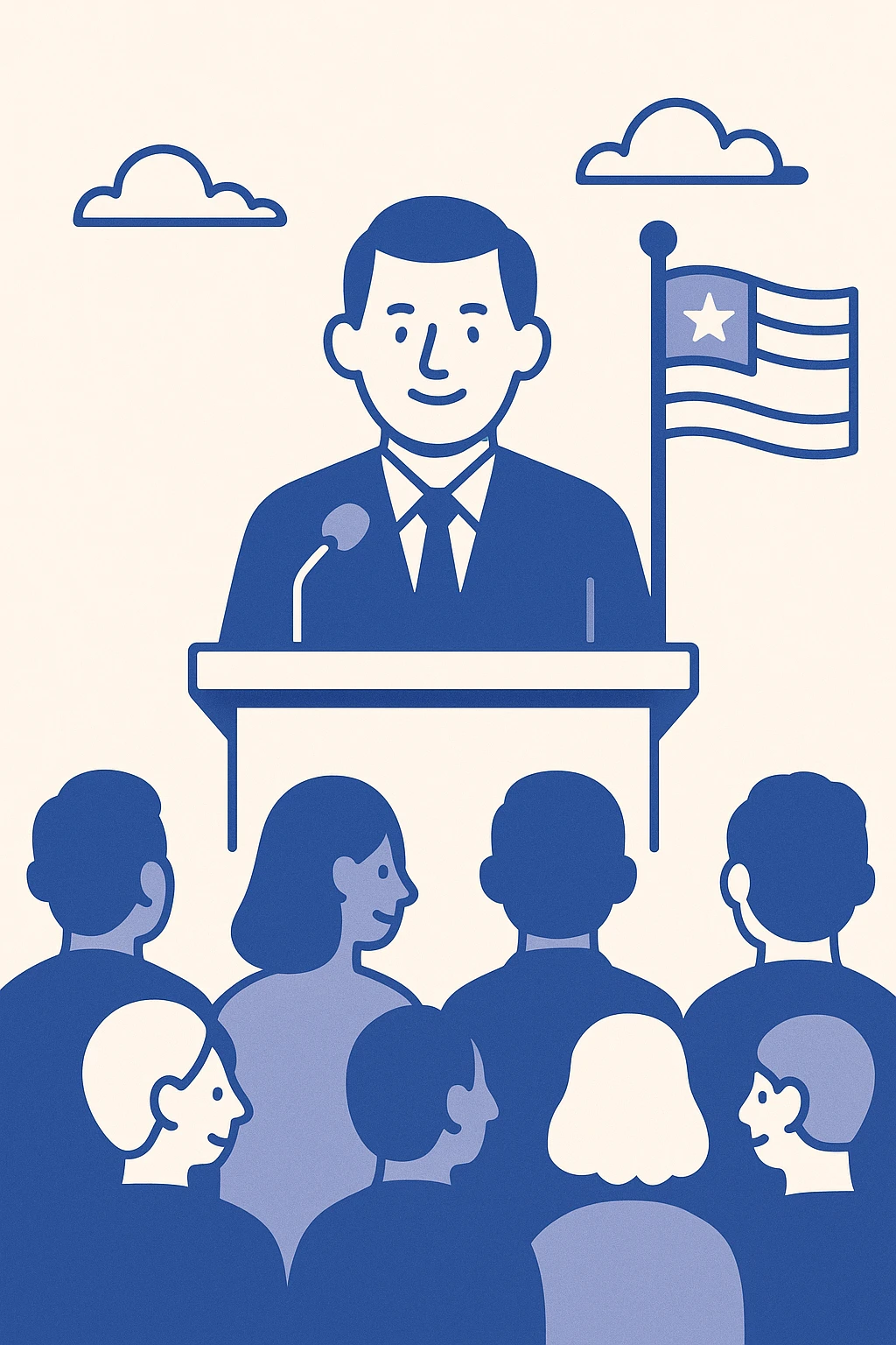 Discours présidentiel devant la population, style flat design, podium, silhouettes de public, drapeau en arrière-plan emoji