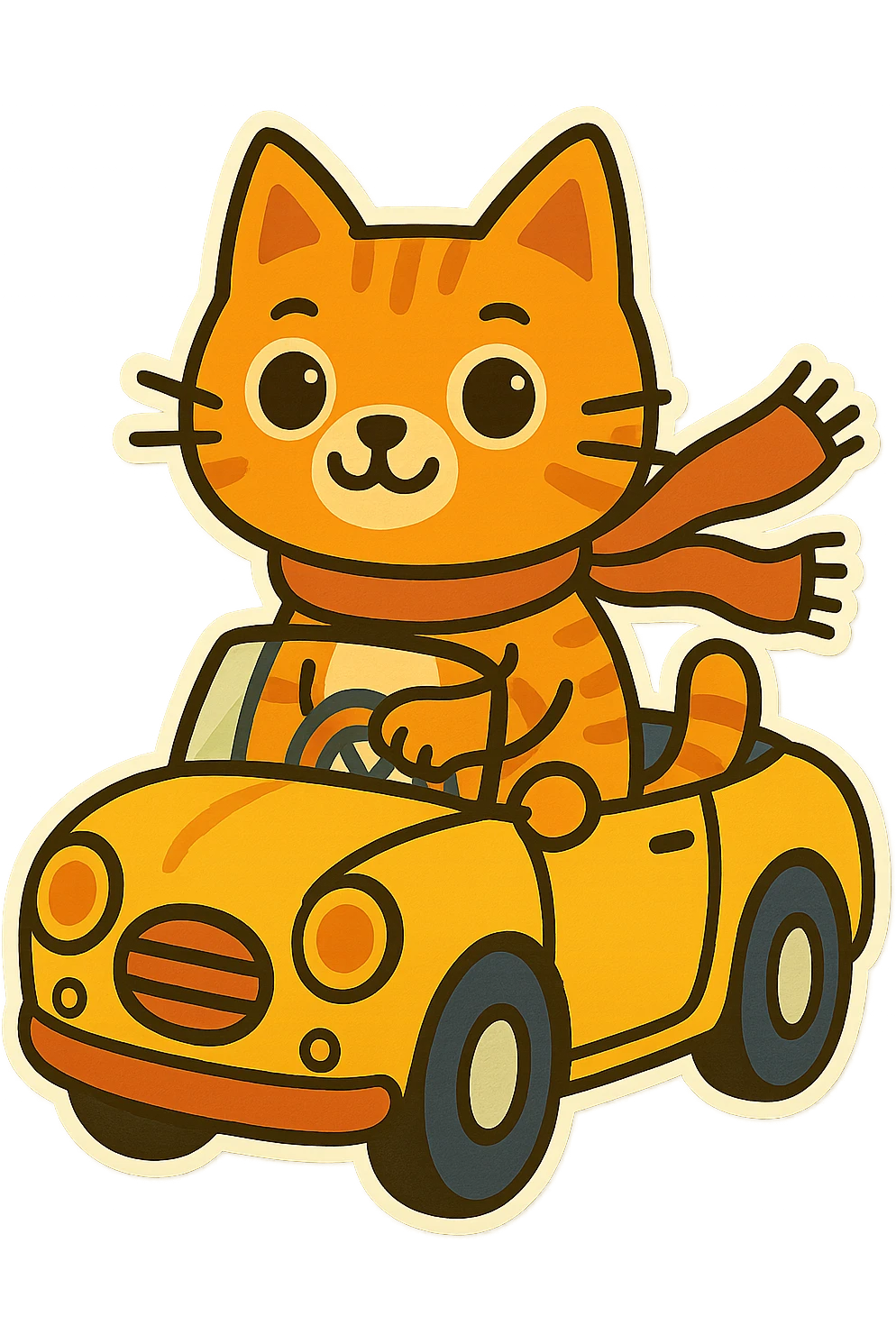 Cute cat with a scarf in a yellow convertible, whimsical illustration, background transparent, chibi stickers cartoon style. emoji