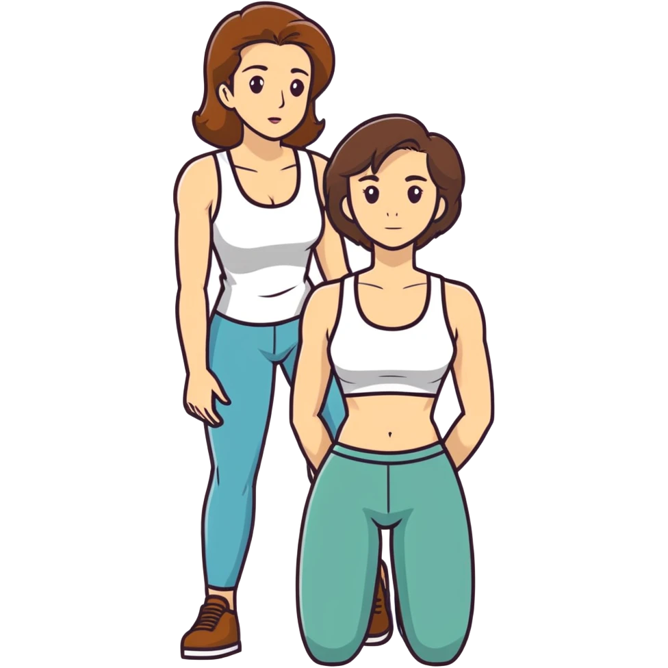  One Caucasian woman with brown hair, big boobs, wearing pants and a tank top, kneeling on the ground. a bald man is behind her holding her hips emoji