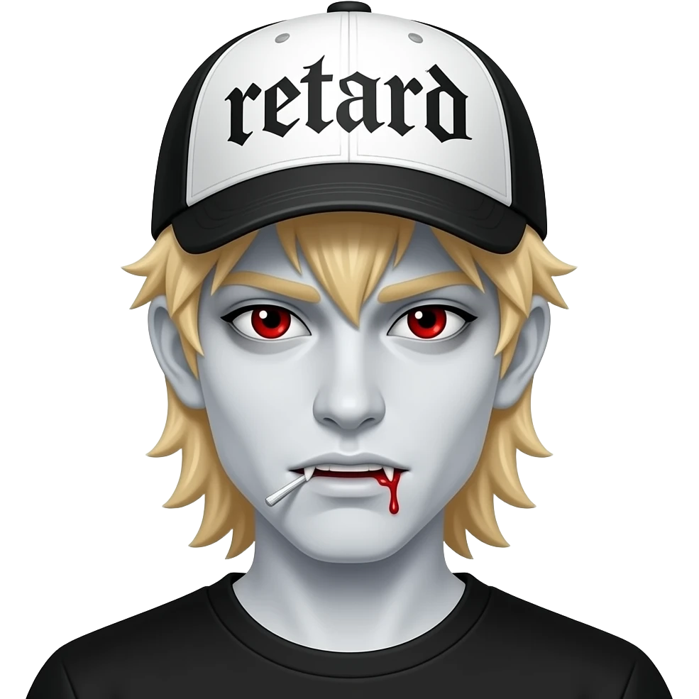 Make an vampire with cap on his head and text on cap “retard” vampire has blond hair and white skin blood eya and wolf cut make it like iphone emojji blunt in his mouth and text more like instagram sharp make his hair longer to ears and delete the costume just black t shirt emoji
