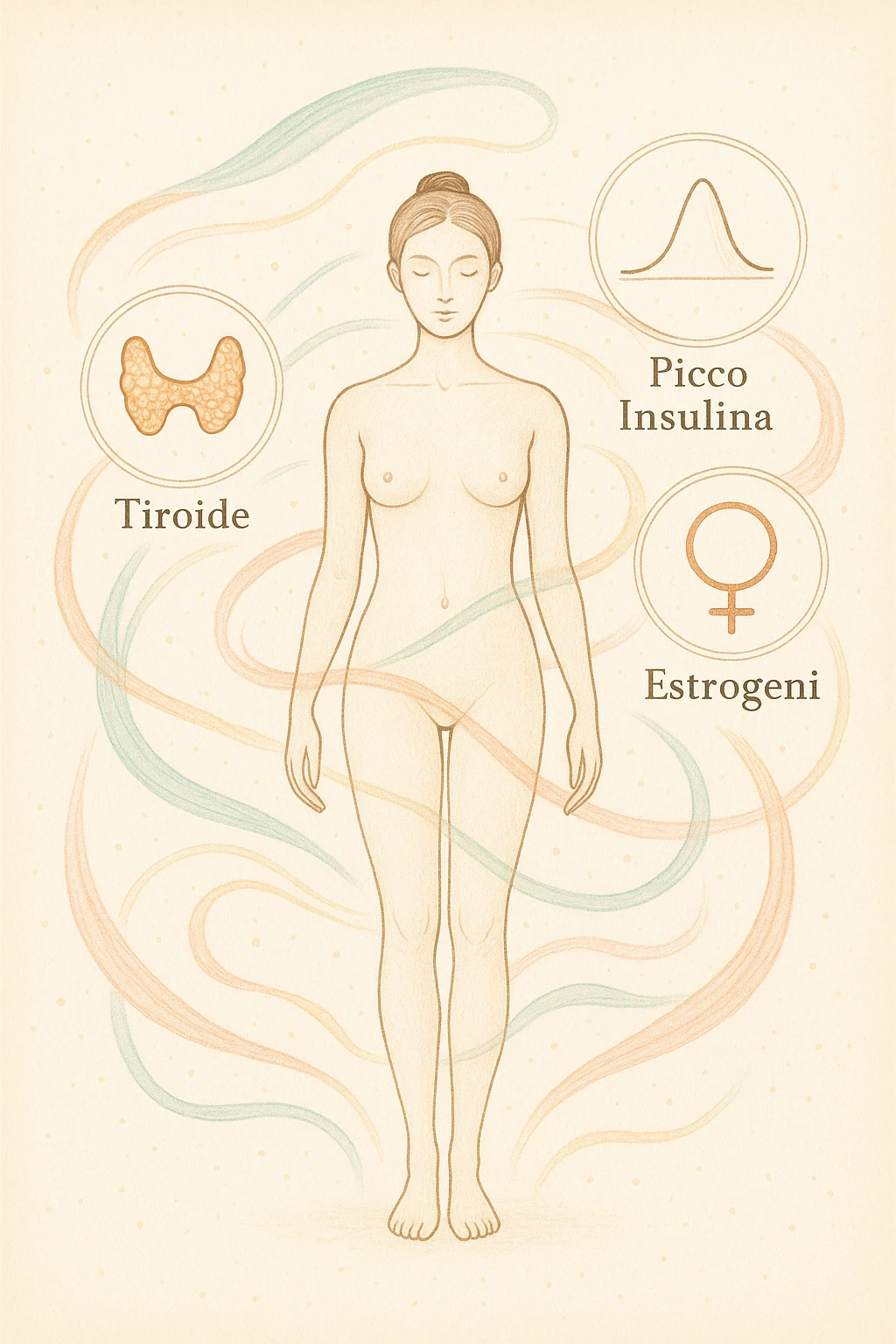 Il corpo è circondato da simboli delicati e bilanciati che rappresentano equilibrio ormonale e metabolico: piccoli cerchi, flussi energetici colorati, simboli stilizzati di tiroide, picco insulina, estrogeni. 4k immagine in italiano emoji