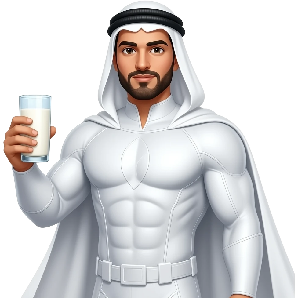 Sexy arab muscle man in full body white superhero costume holding a glass of milk emoji