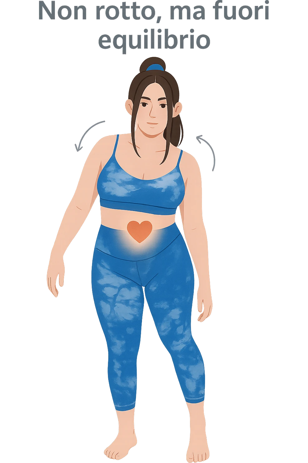 a woman stands in a relaxed pose, with a gentle, confident expression. Her body is shown with subtle, curved lines or arrows indicating areas of imbalance (such as a slight tilt in the shoulders or hips), but no signs of injury or damage. A soft glow or heart symbol at her core emphasizes resilience and the message “Non rotto, ma fuori equilibrio” The background is clean and clinical, with light blue tones. emoji
