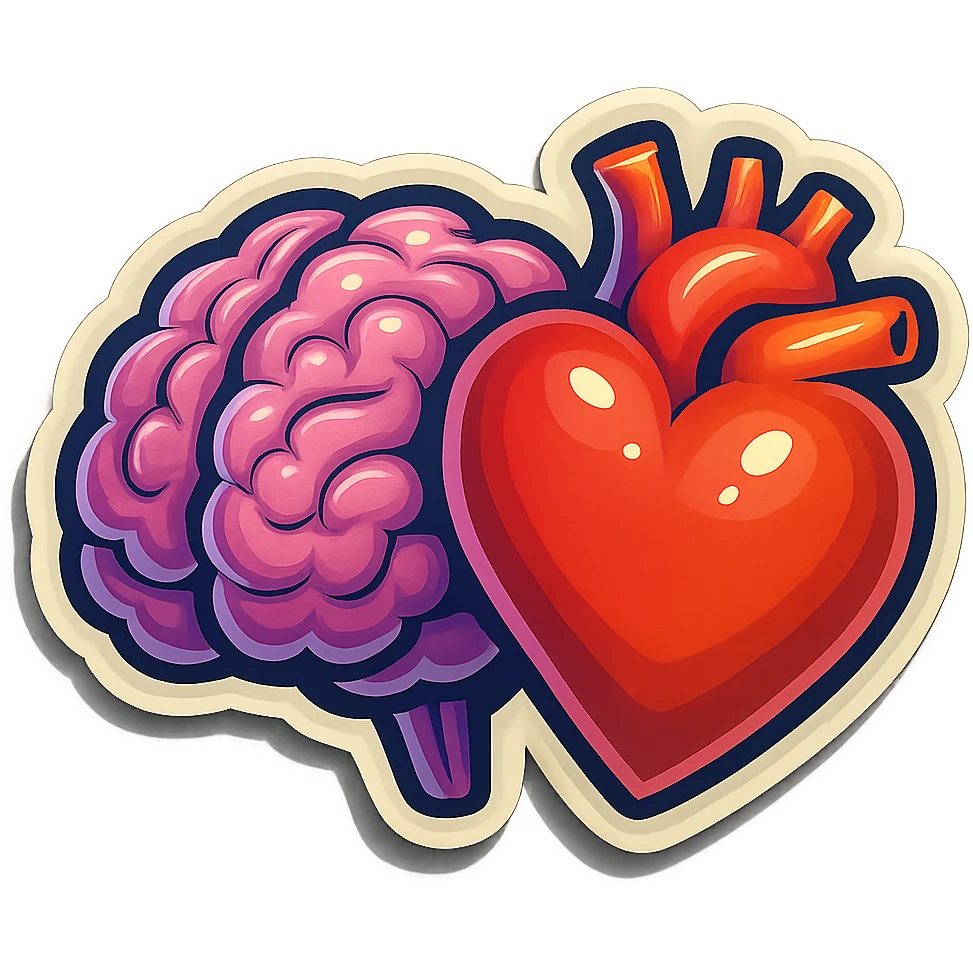brain and heart together, clear outlines, strong shadows and highlights, psychosomatics and psychology theme, fun and not too complex emoji