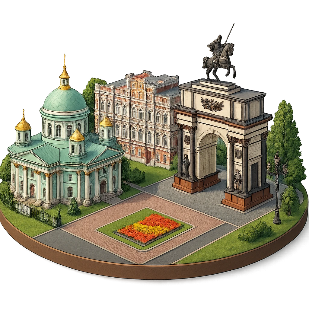 Изометричная, яркая, детализированная и фотореалистичная иллюстрация панорамы города Курска на круглой подставке, Знаменский собор, здание Дворянского собрания, Триумфальная арка в стиле 3D-коллажей городов, чёткие линии, слегка мультяшная стилистика, прозрачный фон, не обрезать края картинки emoji
