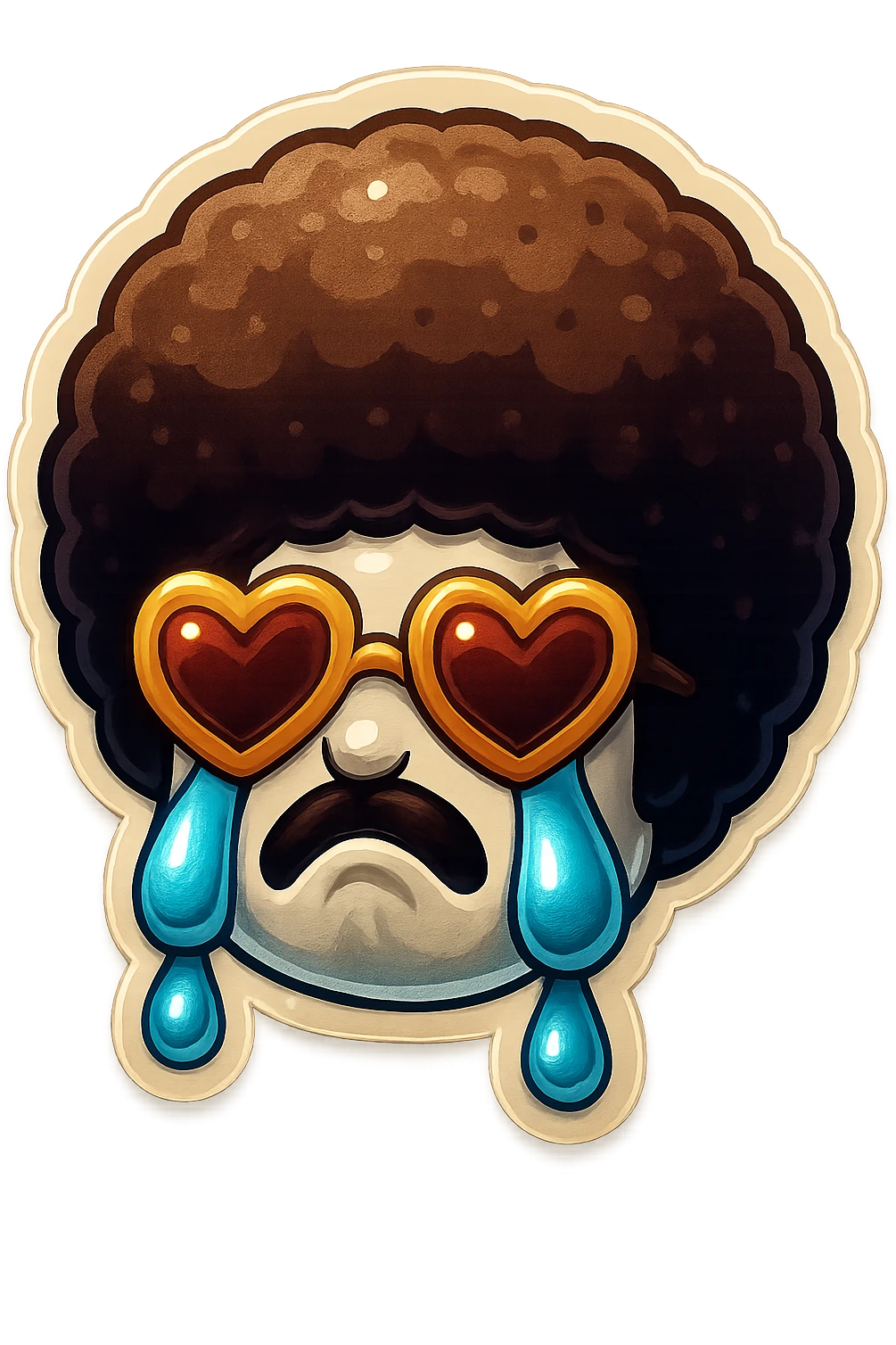 White circle face, afro, heart glasses, Crying with large tears, sobbing, lip quiver emoji
