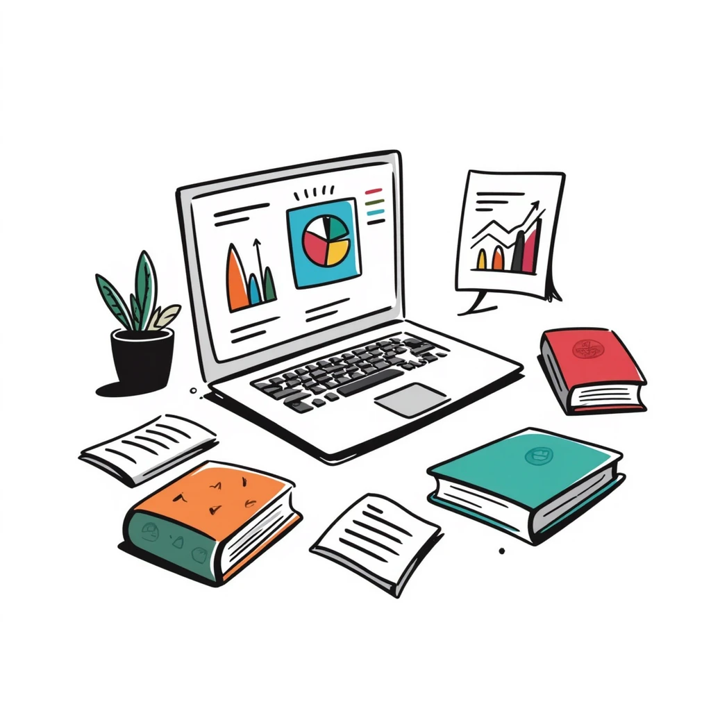 Academic research workspace with an open laptop showing data, scattered books and papers, and a pie chart and line graph. Hand-drawn doodle style with colorful data visualizations and book covers. emoji