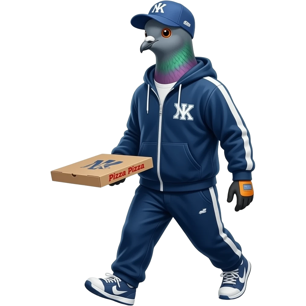 a staten island pigeon wearing a velour track suit and carrying a pizza box emoji