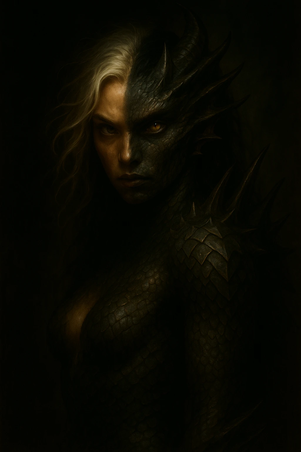 Make the character a girl, keep half human half dragon, with silver hair and black roots, under dramatic lighting. Emphasize the contrast and mood created by the lighting on the hybrid character. emoji