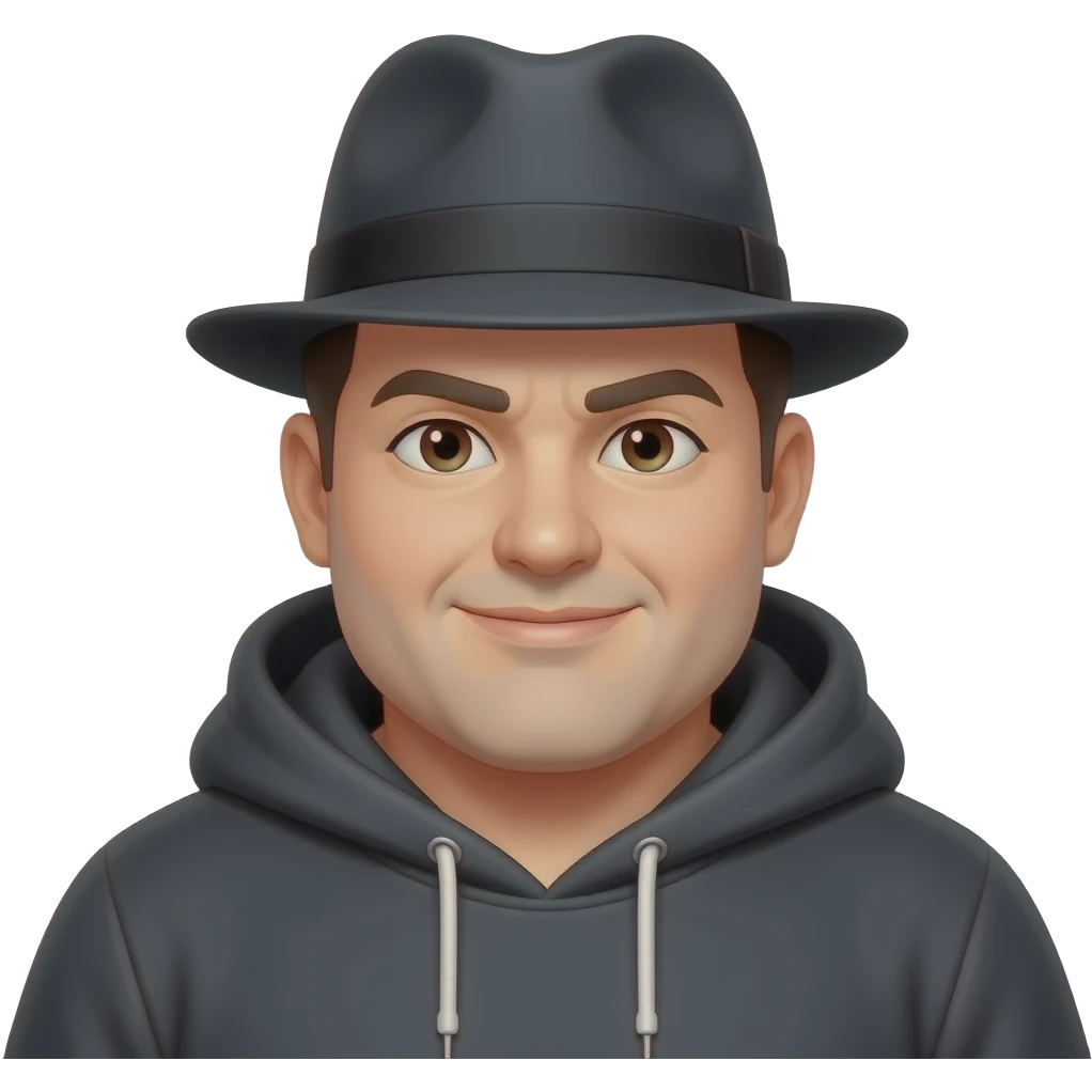 A fat guy wearing a fedora and a anime hoodie. Upper body. emoji