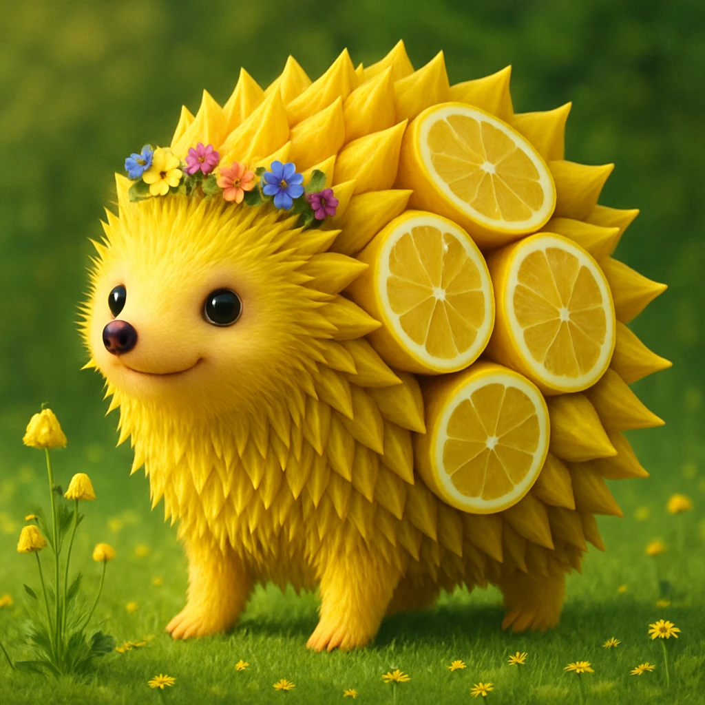 Make a subtle but clear change to the original image by adding a small flower crown to the lemon-hedgehog. Keep the quality and style the same as the original. emoji