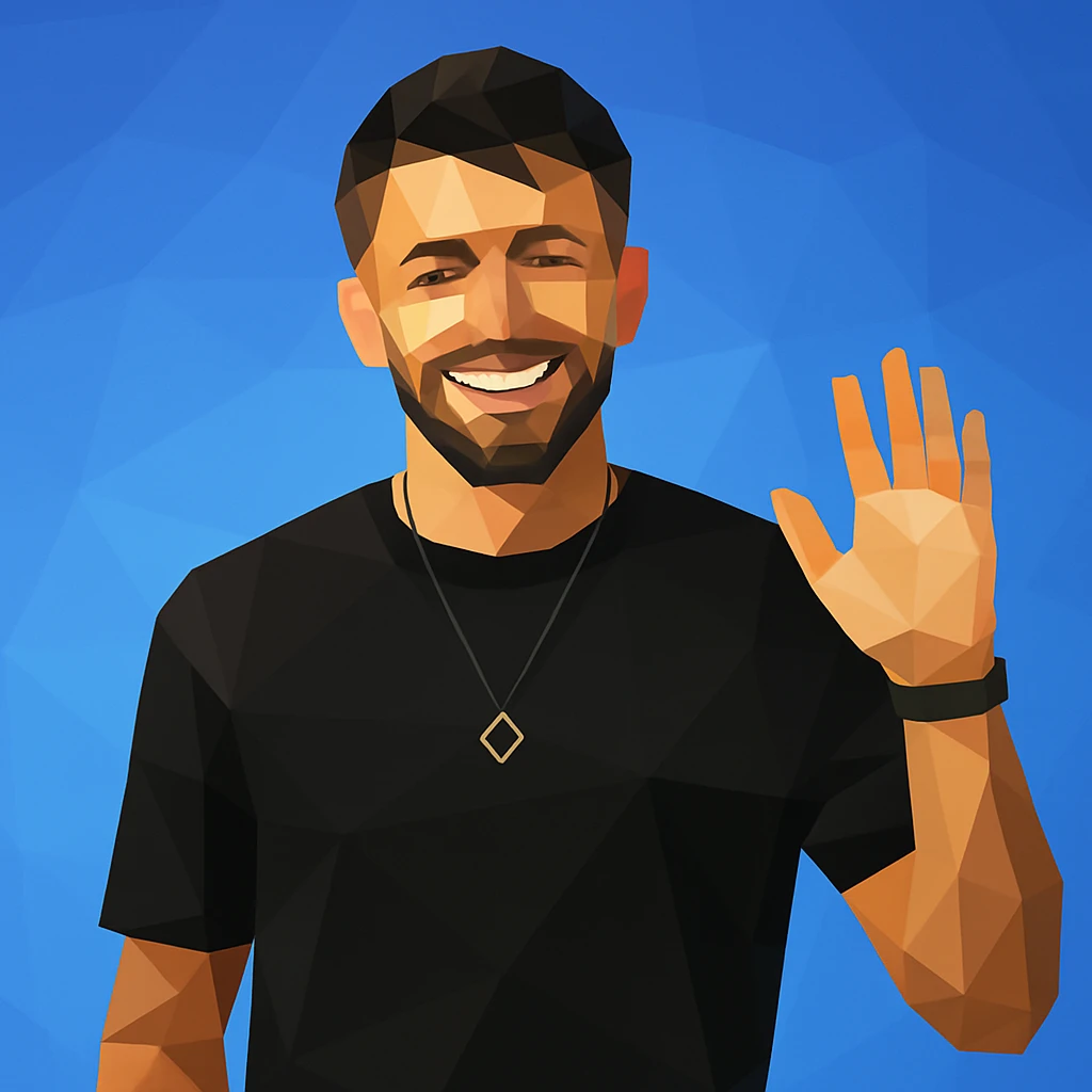 Сгенерируй героя в таком же стиле и положении рук, только с улыбкой emoji