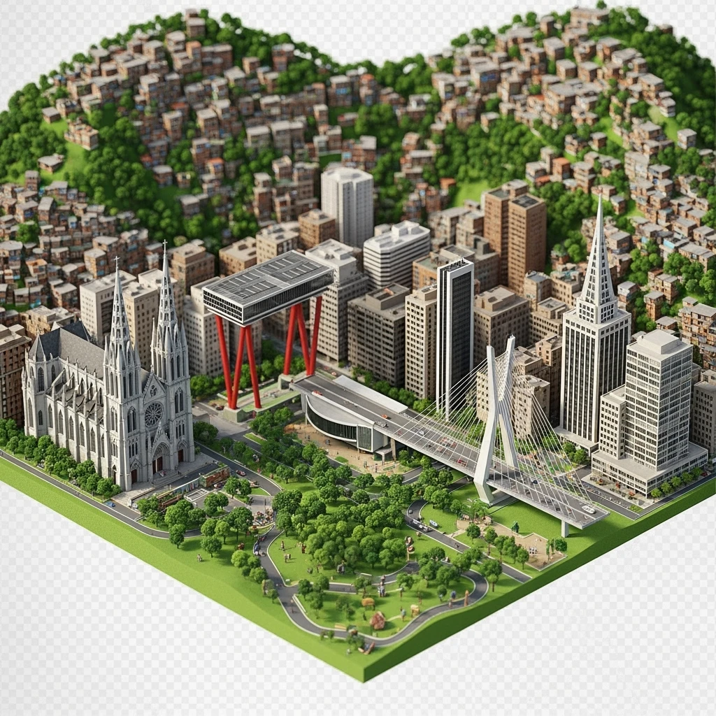 Isometric miniature of São Paulo Catedral da Sé, MASP, Octávio Frias Bridge, and Altino Arantes building, favelas on hillsides, dense chaotic urban blocks, and green parks 3D miniature effect and Tilt Shift effect, no cartoonish look, transparent background. emoji