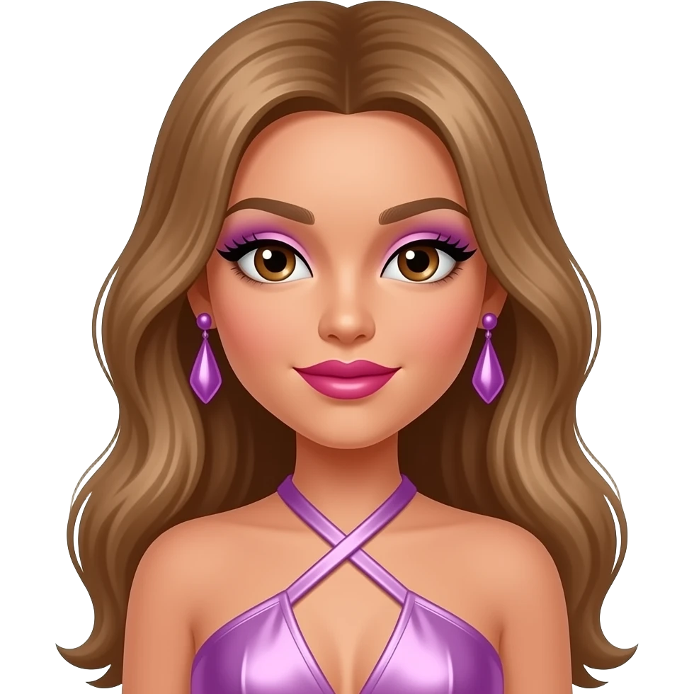 Yasmin from Bratz with brown eyes, long light brown hair, lilac eyeshadow, hot pink lipstick, lilac metallic halter dress, lilac earrings emoji