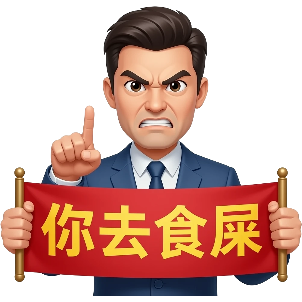 An angry man left hand pointing you with a chinese banner"你去食屎" emoji