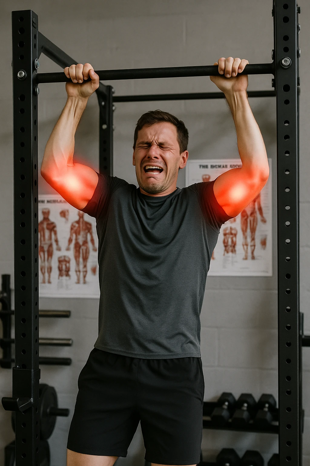 a man in athletic wear esegue una trazione alla sbarra in palestra. I suoi gomiti sono evidenziati con un alone rosso acceso o un effetto glow, indicando infiammazione. Un’espressione di dolore è visibile sul suo volto. Sullo sfondo, attrezzi da palestra e poster anatomici. L’atmosfera è educativa e realistica. emoji