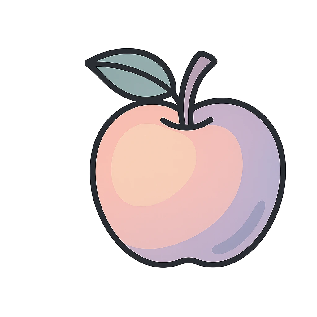side view apple in Chinese eastern style, icon-color-outlined, thin clean contours, soft rounded shapes, pastel palette #98B5BC, #B5B3C1, #C9A3C9, #E4C0CA, #F7DCD1, #F7C0AA, detailed shadows and highlights, soft lighting, transparent background, minimalism, not cute, no decoration emoji