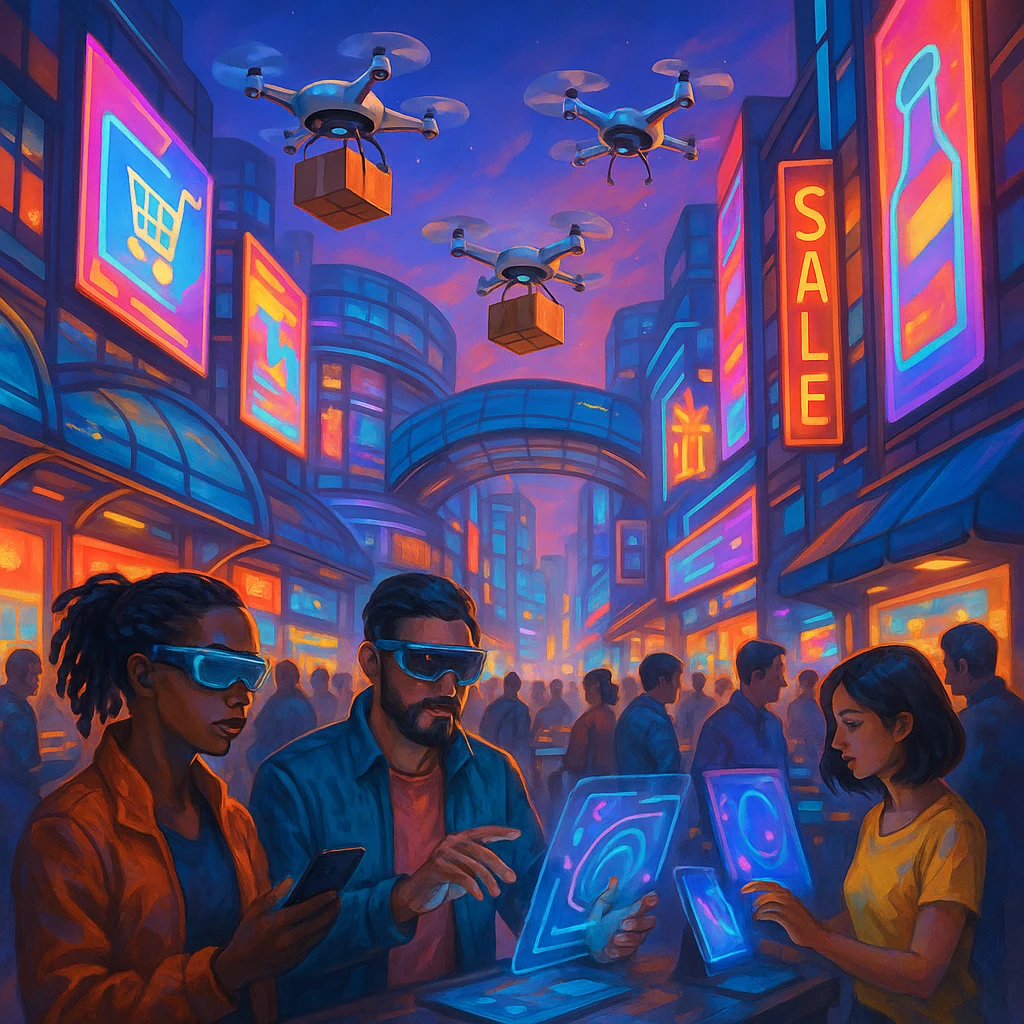 dynamic scene of a digital marketplace in the future, with drones delivering products, interactive billboards, and people engaging with smart devices, semi-realistic vibrant style emoji