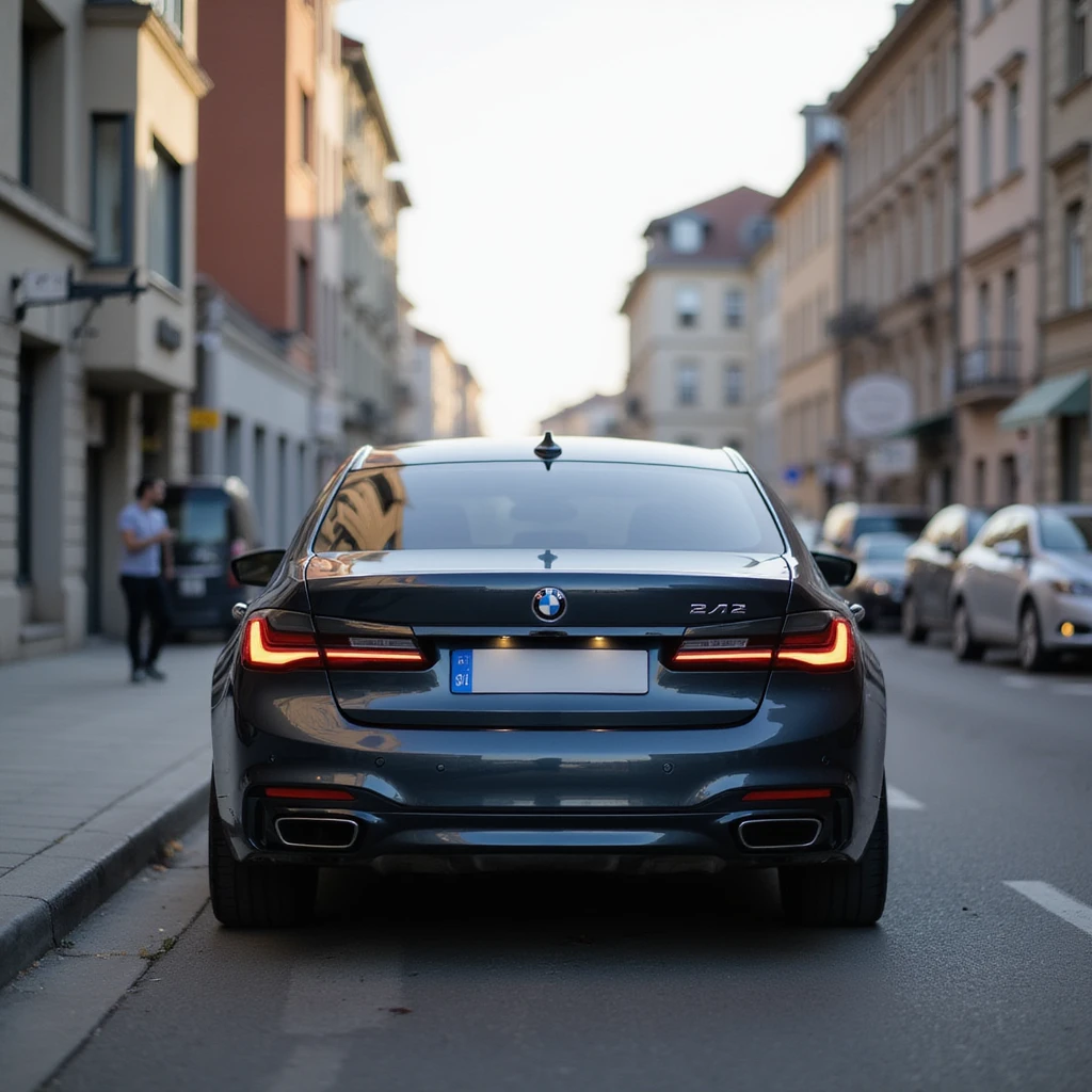 BMW Series 7 2022, rear view, photorealistic, parked on a street in Romania, realistic city background emoji