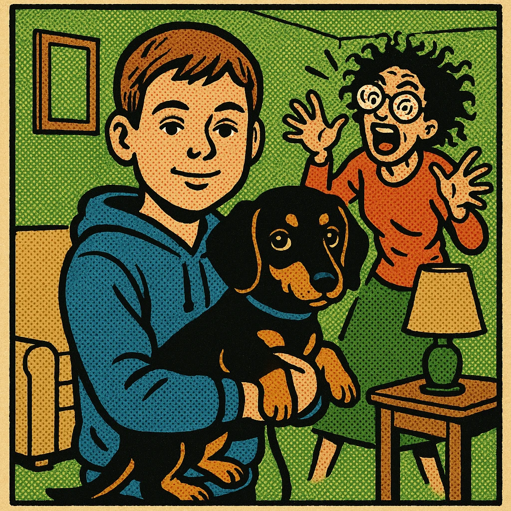 A modern day 10 year old wearing a blue hoodie with a black and tan puppy dachshund in a green living room with a crazy mum wearing big glasses in the background emoji