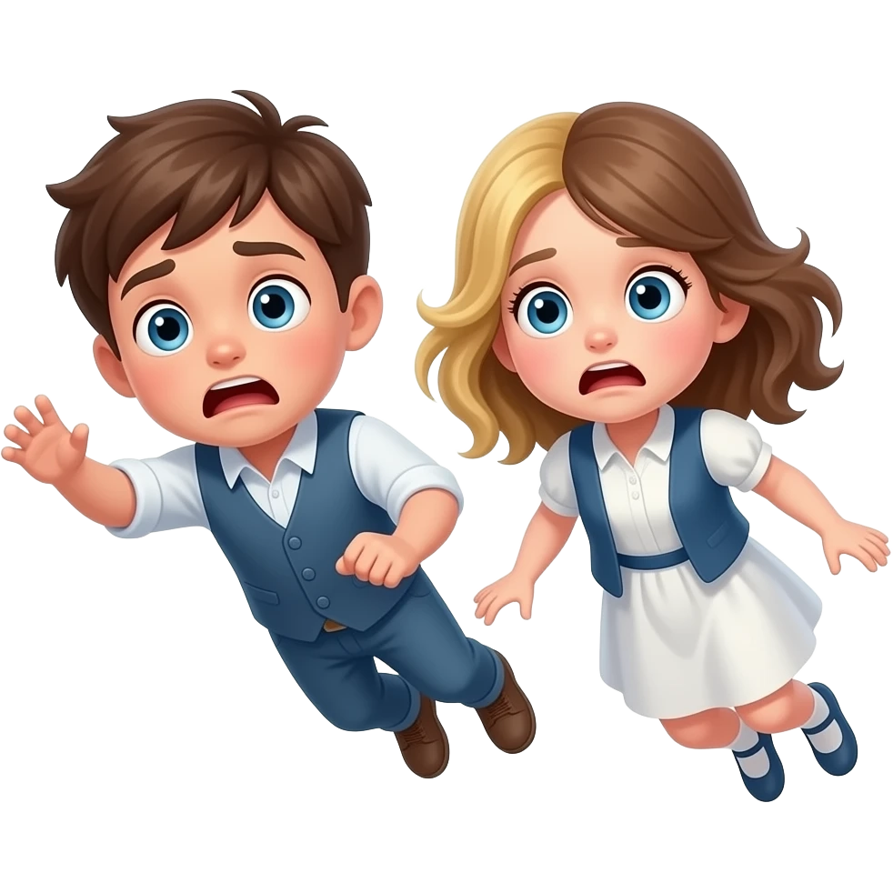 chico y chica caiendo del cielo asustados, el chico castanyo i con pelo corto y la chica pelo suelto y un poco rubia pero castaño y los dos tienen ojos azules son hermanos la chica con la ropa blanca i un peto emoji
