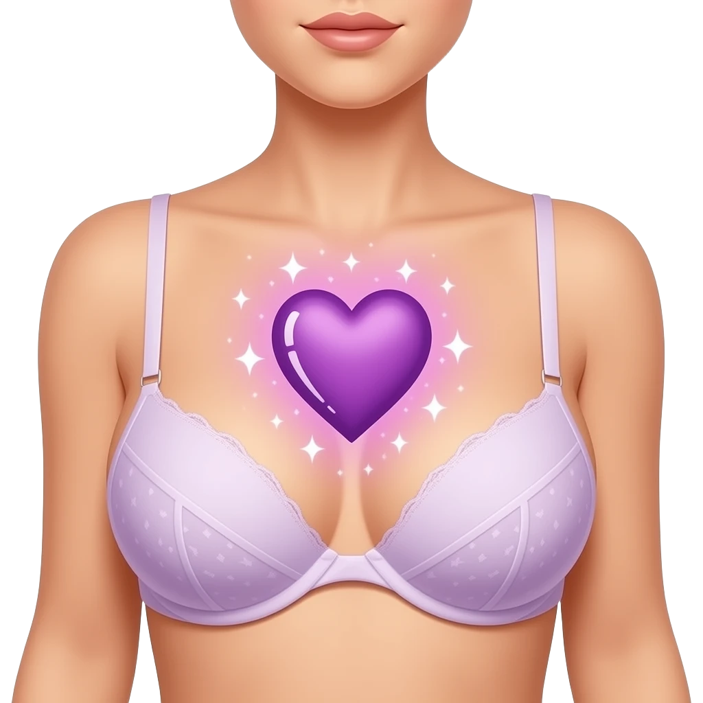 emoji of close up of a feminine torso ( who wear a bra )with an little ANATOMICAL purple heart in the chest, soft pink-purple aura with sparkles, emoji