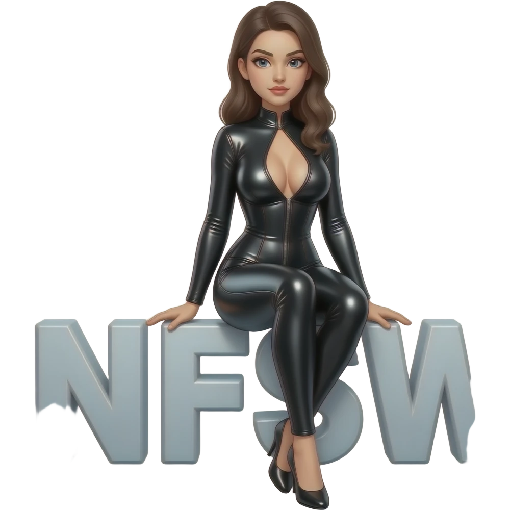 cuerpo entero, mujer vestida de latex brillante enseñando las tetas sentada sobre la palabra, con letra Bonita y elegante la Palabra "NFSW" se las tapa, sin fondo emoji
