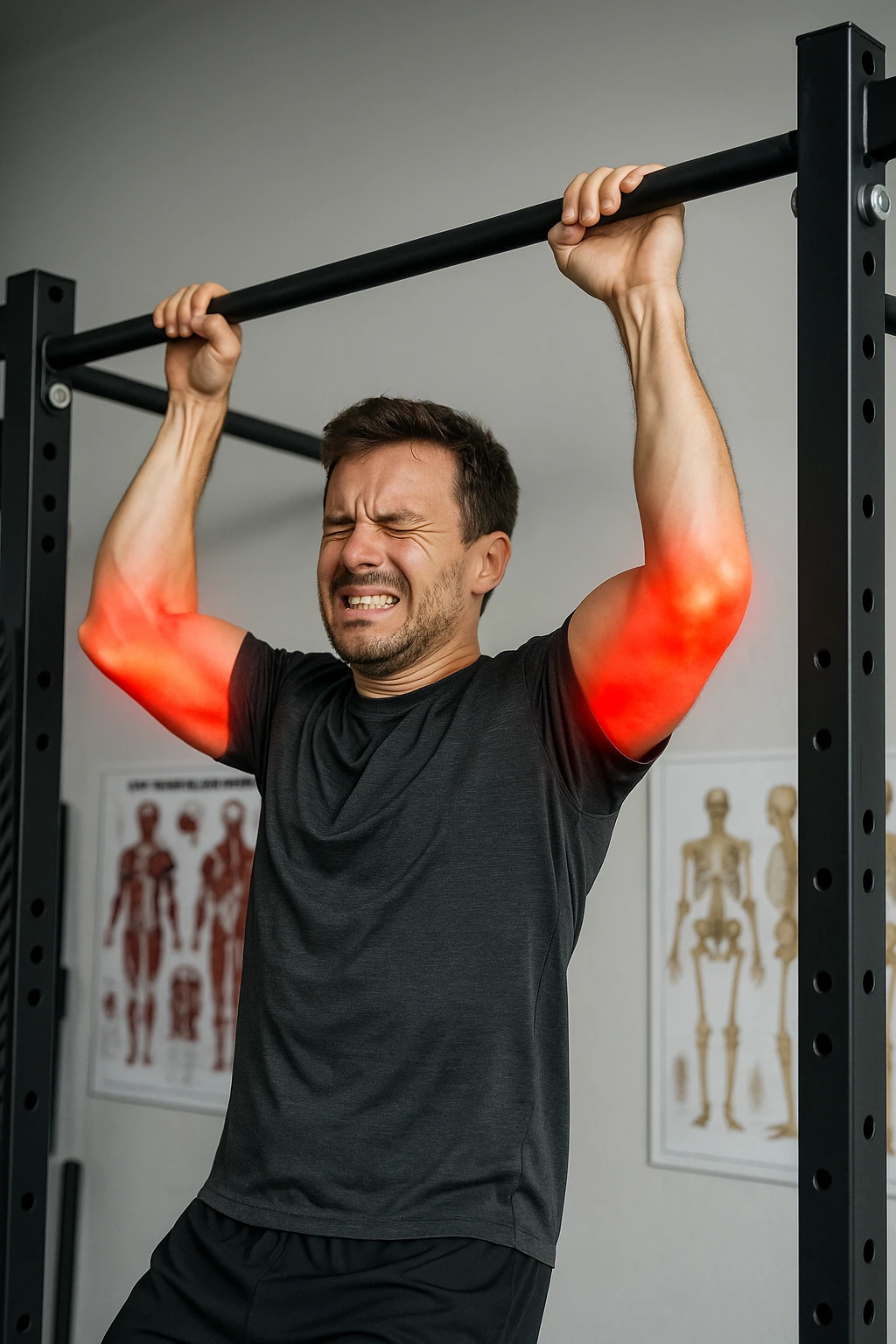 a man in athletic wear esegue una trazione alla sbarra in palestra. I suoi gomiti sono evidenziati con un alone rosso acceso o un effetto glow, indicando infiammazione. Un’espressione di dolore è visibile sul suo volto. Sullo sfondo, attrezzi da palestra e poster anatomici. L’atmosfera è educativa e realistica. emoji