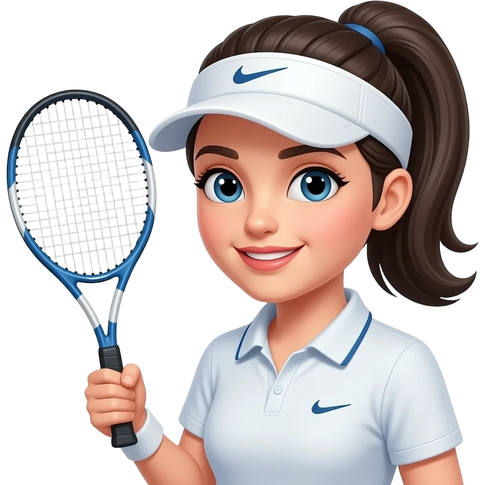 Dark pony tail, visor. Tennis racket emoji