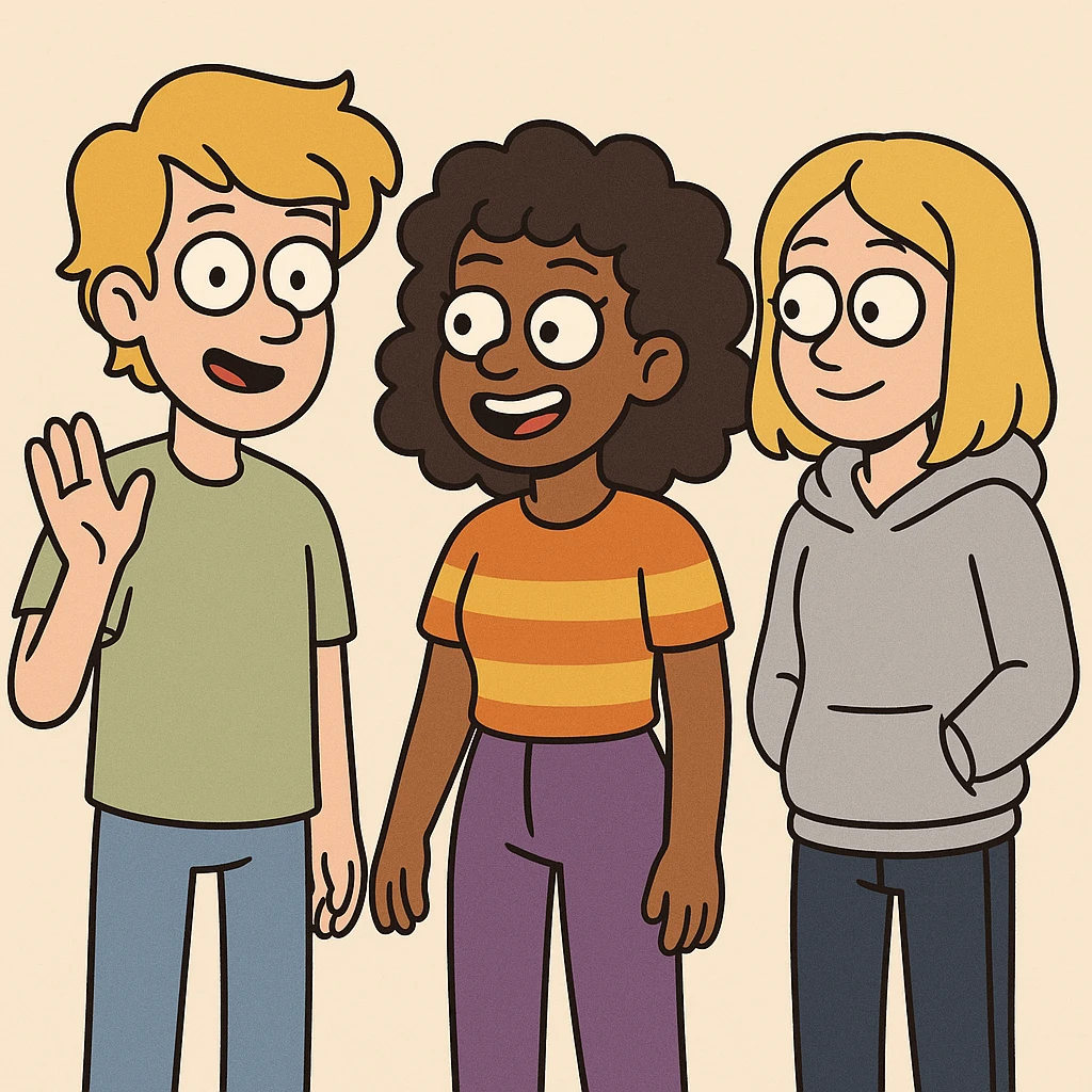 A boy dark yellow hair light green t-shirt white lightfo blue jeans girl brown skin black hair hairstyle curly hair yellow orange stripes top purple trousers girl yellow hair light grey hoodie dark blue jeans a hand hello  emoji