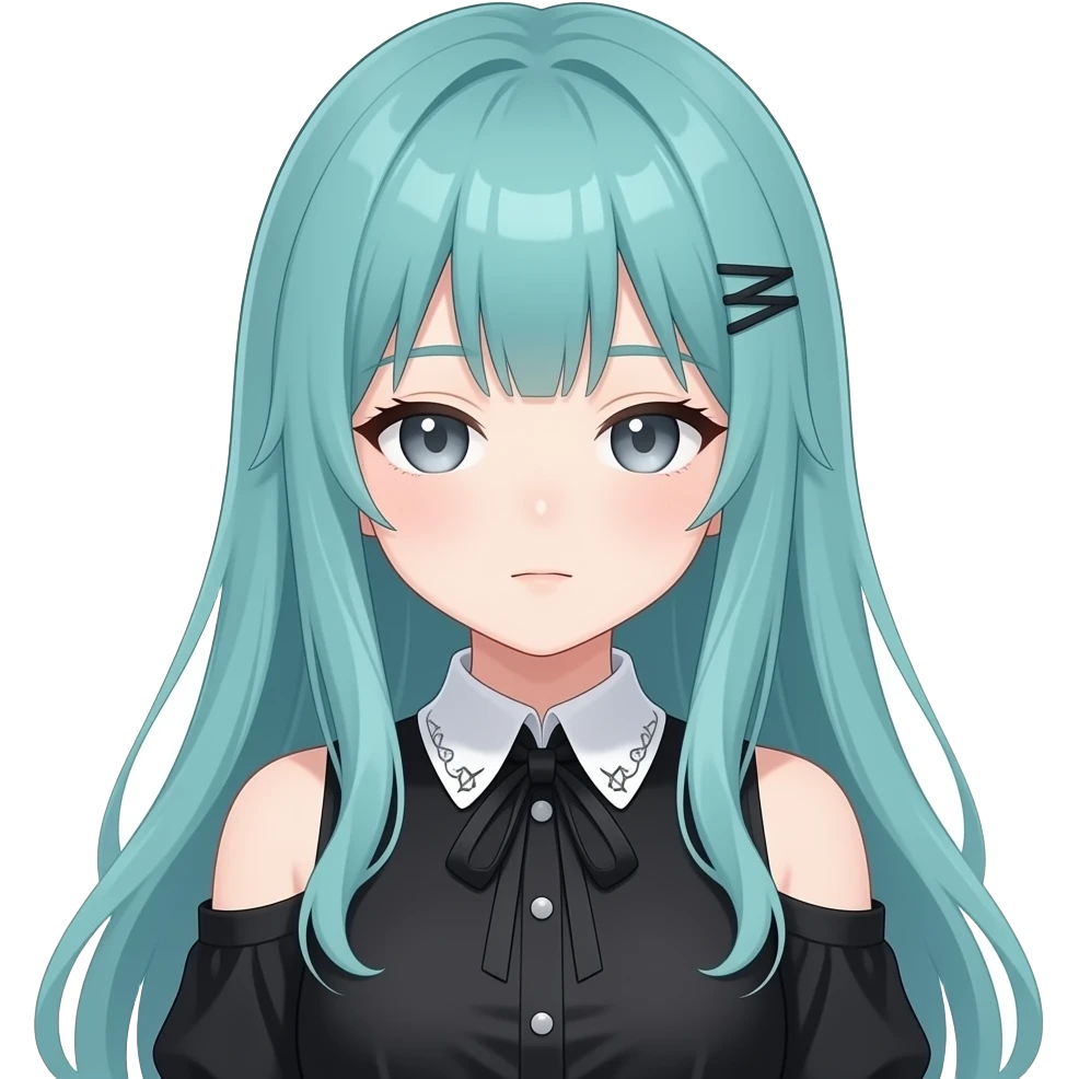 anime girl, sleepy, long flowing teal hair, grey eyes, black shoulder cyberpunk blouse with fancy white collar emoji