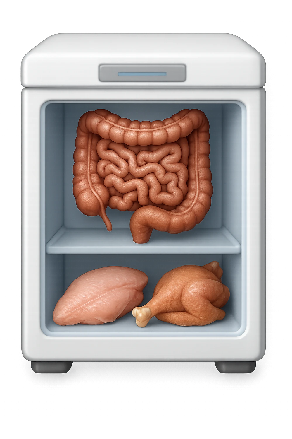 emoji stile iphone DI UN CONGELATORE CON INTESTINO realistico DENTRO INSIEME A PORZIONI DI POLLO E TACCHINO, iperrealistico 4k emoji