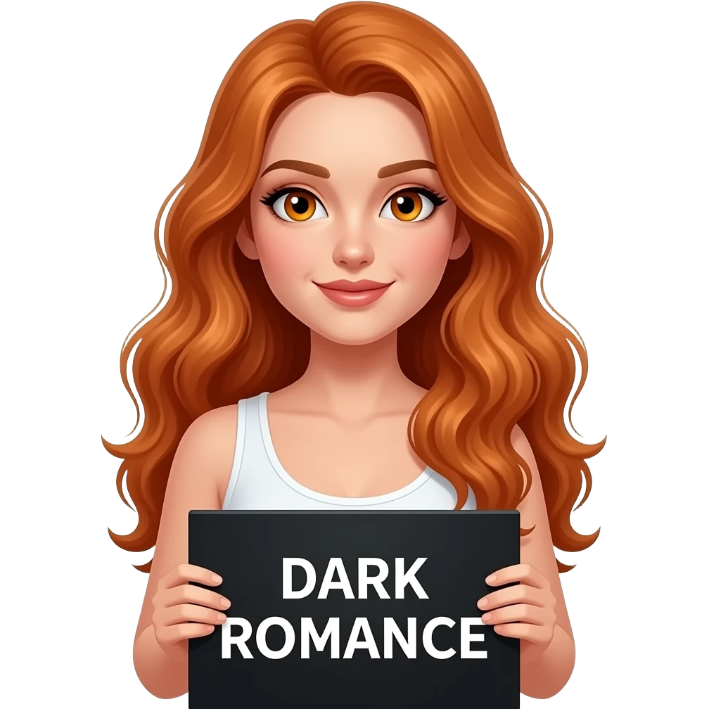 sexy girl with long wavy ginger hair and ginger eyes wearing a white tanktop is holding a black colored sign with DARK ROMANCE written on it emoji