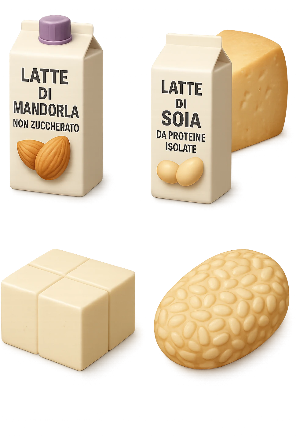 emoji stile iphone 3d di Latte e yogurt delattosati in italiano
Latte di mandorla (non zuccherato)
Latte di soia da proteine isolate
Formaggi stagionati (es. parmigiano)
Tofu compatto e tempeh
 che fluttuano in aria, iperealistico 4k emoji