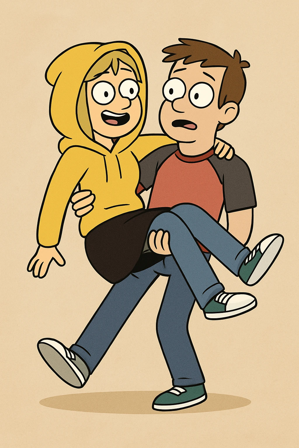 A man Raglan sleeves with Red t-shirts blue jeans white shoes carried by a cute a girl yellow hoodie black skirt green shoe  emoji