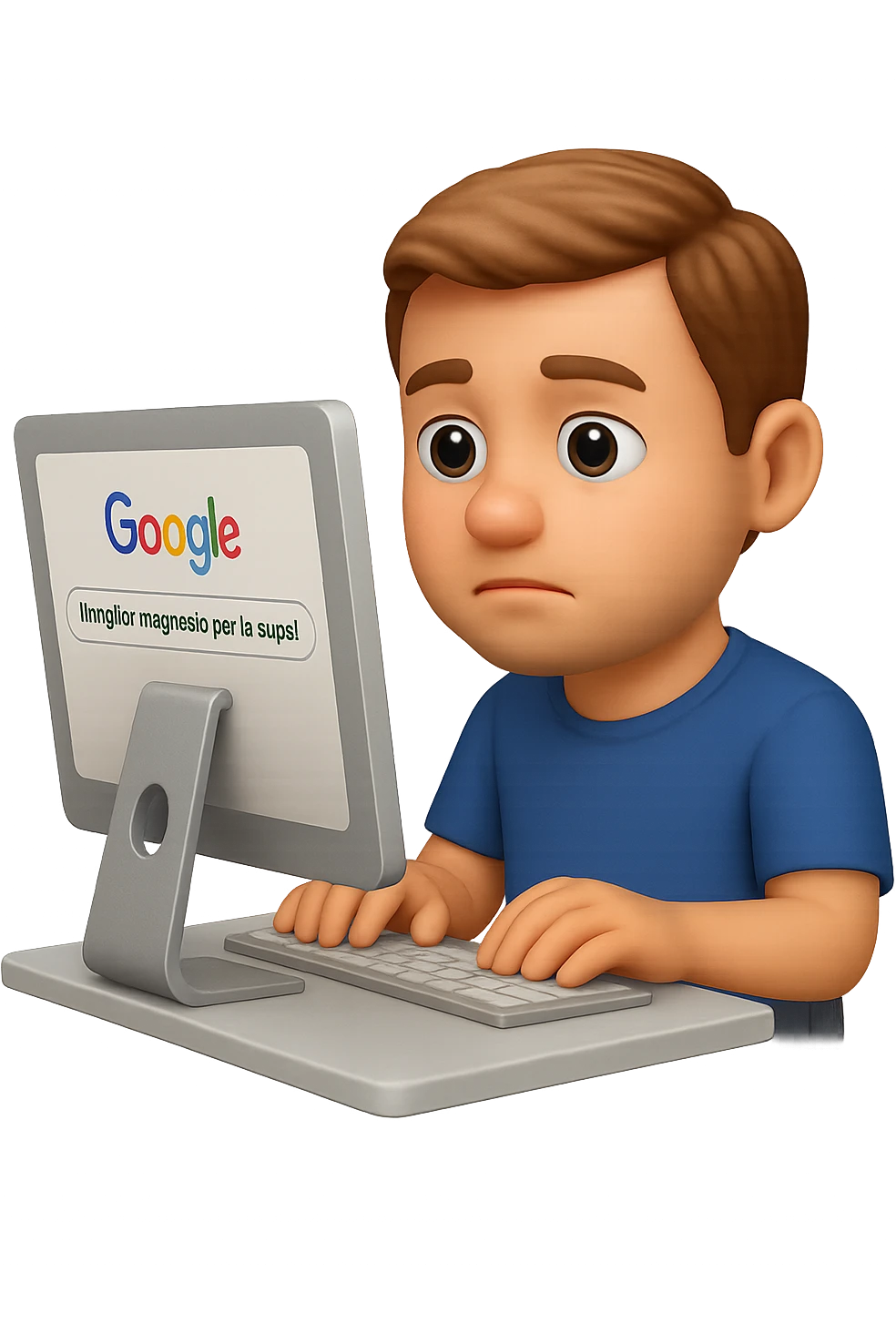 emoji stile iphone di un uomo davanti al pc che cerca di google: "Il miglior magnesio per la stipsi", iperrealistico 4k emoji