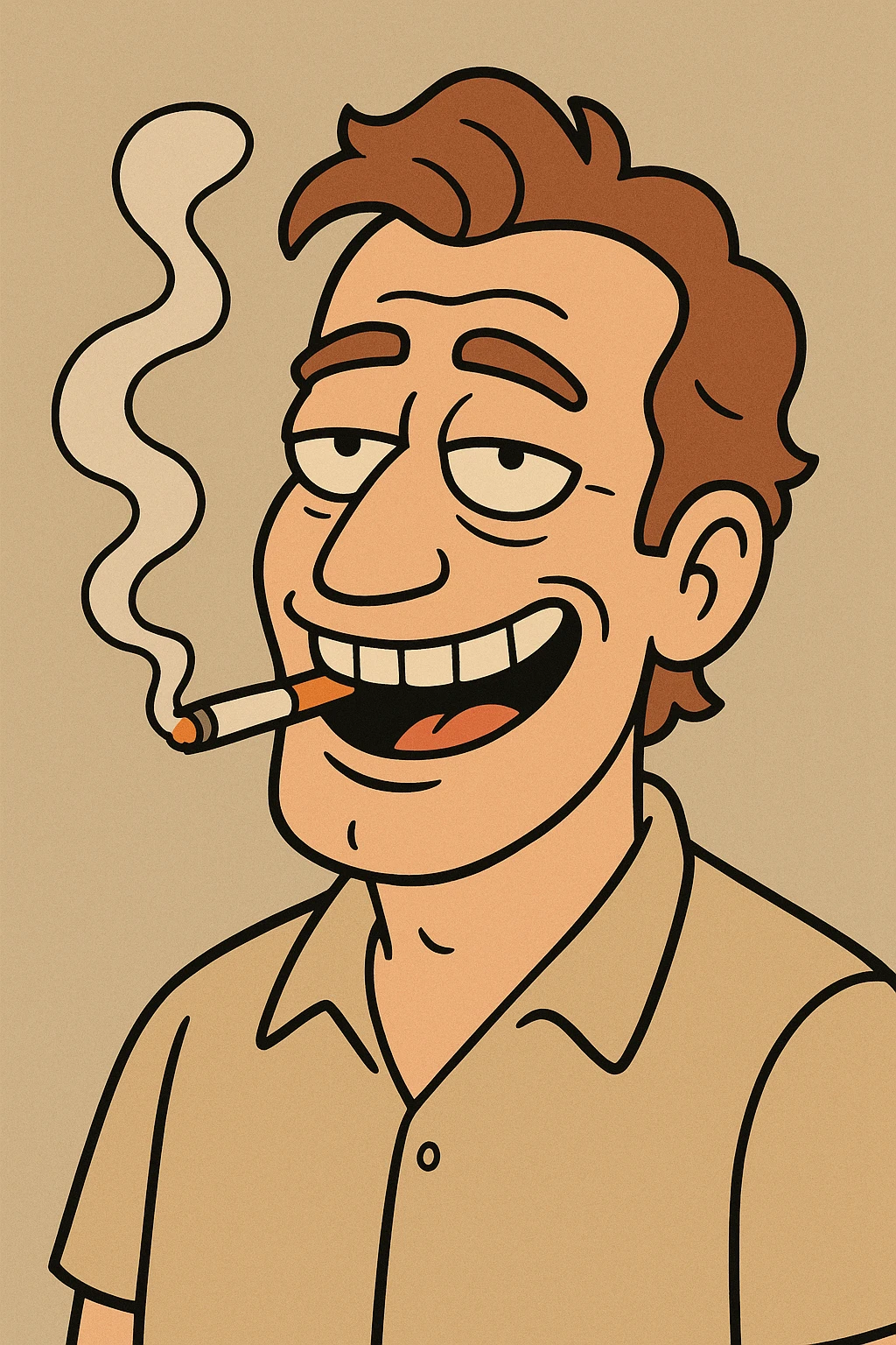 a man grinning, smoke curling from his mouth, unique flat toon style emoji