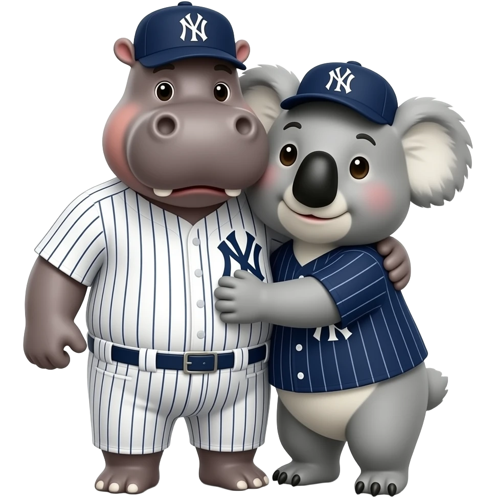 hippo and koala hugging both in New York yankees gear emoji
