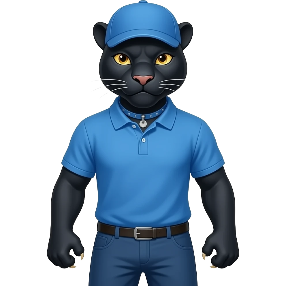una pantera imponente fuerte y poderosamostrando garras y comlillos con polo azul y gorra deportiva sin logos sn pantalones emoji
