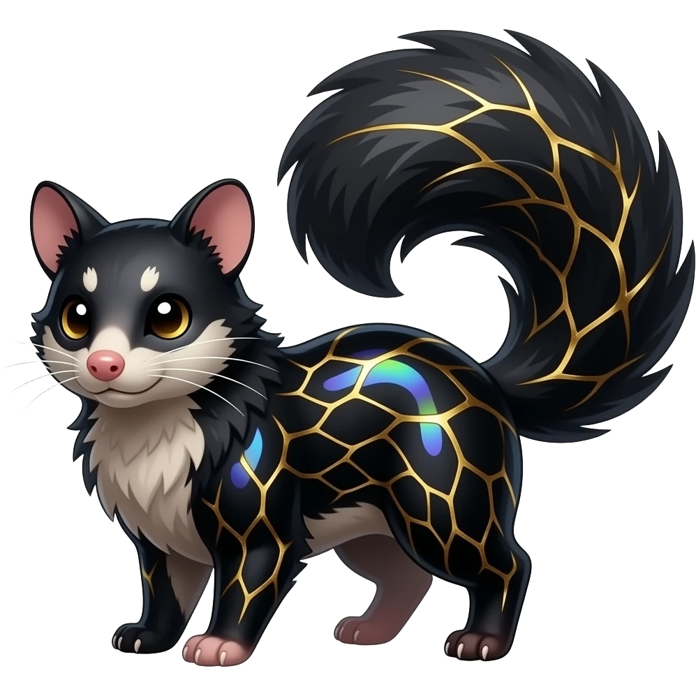 Hyper realistic obsidian fur etched with molten gold fault-lines and dark mirror shine beautiful elegant pretty precious cute Fakémon-Pokémon-opossum-feline-serval-caracal-chinchilla-Furret-Minccino-hybrid-creature with a big fluffy bushy tail (full body) emoji