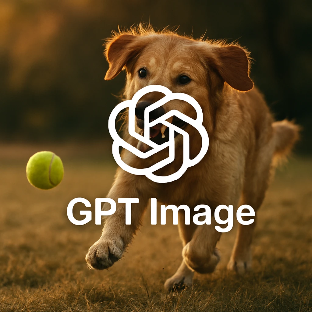 logo of chat gpt with text "GPT Image" on the background of a dog chasing ball, realistic image emoji